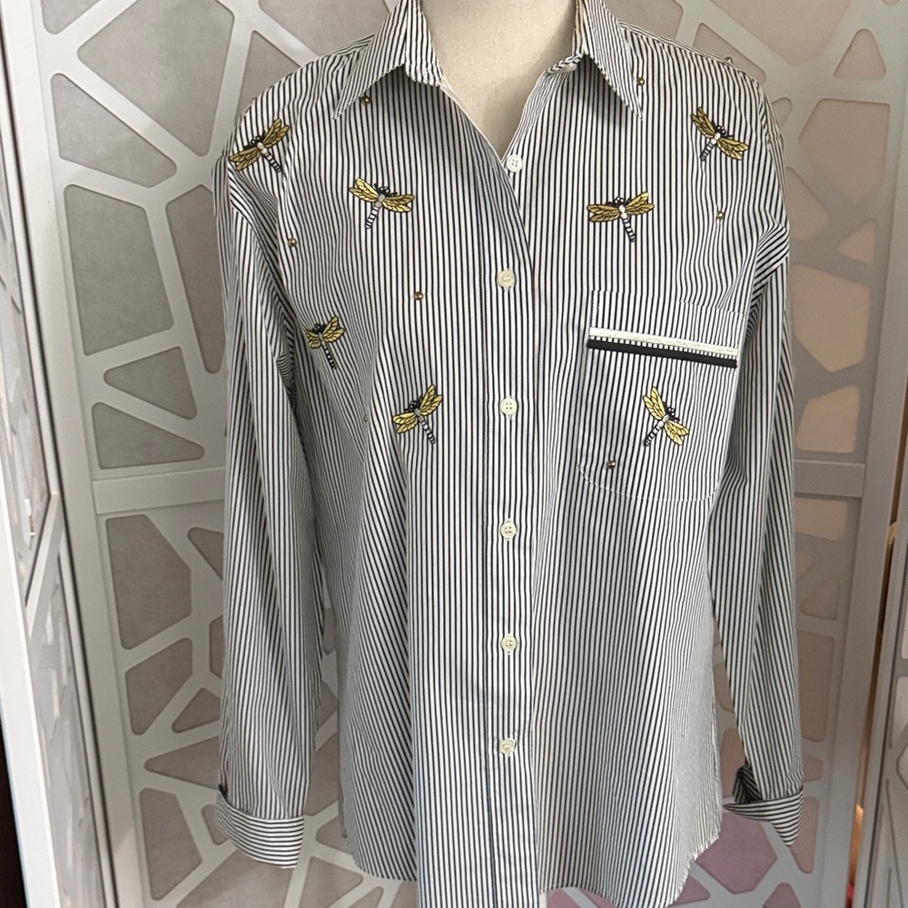 Striped White and Black Womens Shirt with Embroidered Accents